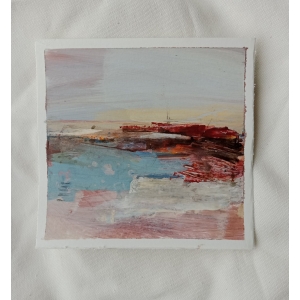 Pintura abstracta costera en tonos azules y rojos, serie Pocket Art 14x14.